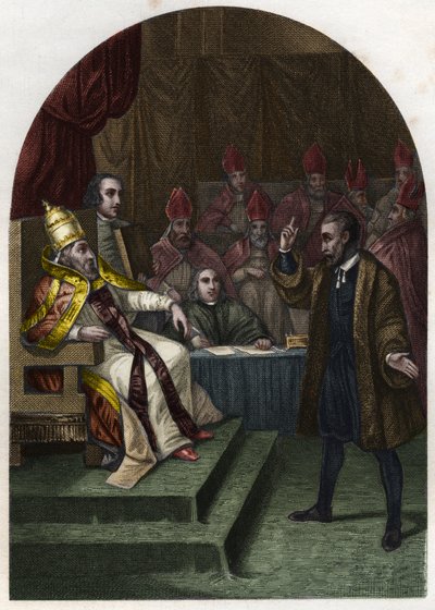 Galilea (lub Galileo Galilei (1564-1642) przed papieżem Urbanem VIII w 1633 r. (Urbano 8 Maffeo Barberini) Rycina z 1842 r. w „Histoire des Popes” Maurice