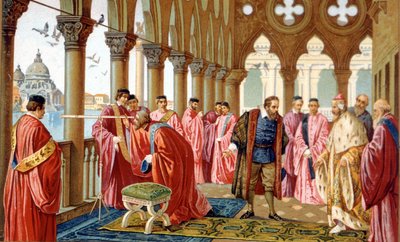 Galileo Galilei (1564 - 1642) prezentuje swoją lunetę w Pałacu Dożów w Wenecji. chromolitografia z XIX wieku. autorstwa Unknown artist