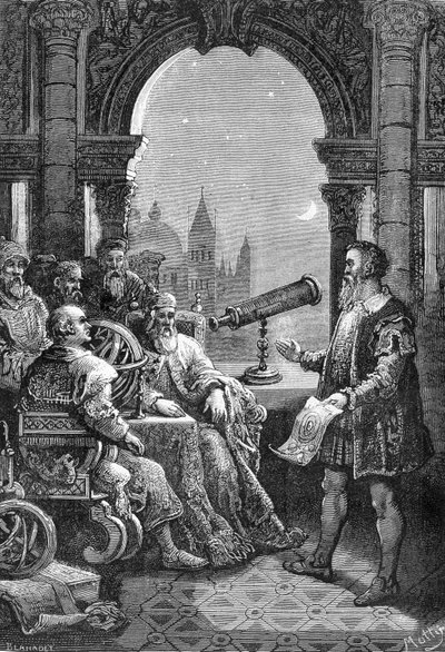 Galileo Galilei (Galileo) przedstawiający pierwszą astronomiczną lunetę u Doży Wenecji. autorstwa Unknown artist