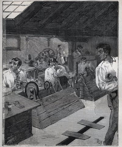 Złocenie galwaniczne: skrobak-boessa ze złotych klejnotów ze skrobakiem-boessą. Grawer z 1885 roku w „Les arts et metiers illustres” Adolphe BITARD. autorstwa Unknown artist