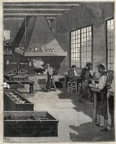 Złotnik galwaniczny: przygotowanie form. Grawer z 1885 roku w „Les arts et metiers illustres” Adolphe BITARD. autorstwa Unknown artist