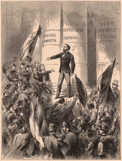 Gambetta, na schodach Hotel de Ville w Paryżu, proklamujący republikę po zdobyciu Napoleona III w bitwie pod Sedanem w wojnie francusko-pruskiej 1870 autorstwa Unknown