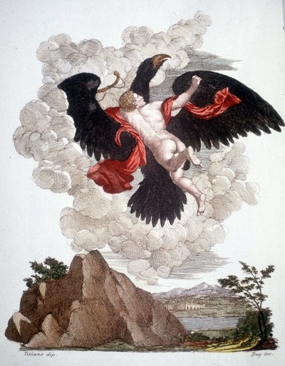 Ganimedes usunięty przez Jowisza (Zeus) przekształcony w orła - grawer autorstwa Unknown artist