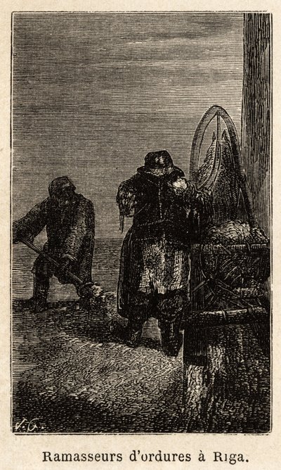 Zbieracze śmieci w Rydze. Rysunek Henrieta, ilustrujący jego podróż do rosyjskich prowincji bałtyckich w latach 1851-54. Grawerowanie w „”Le tour du monde””, pod redakcją Edouarda Chartona autorstwa Unknown artist