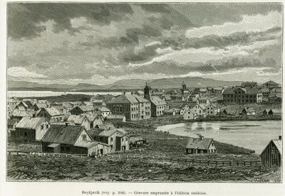 Widok ogólny Reykjaviku. Grawerowanie ilustrujące historię Nowa wyprawa profesora Nilsa Adolfa Erika (Erica) Barona Nordenskjolda (Nordenskiolda) (1832-1901) na Grenlandię, Charlesa Rabota, w tour du monde 1886, pod kierunkiem Edouarda Chara autorstwa Unknown artist