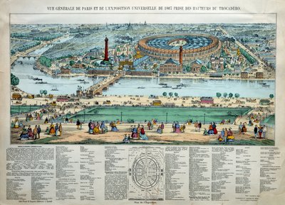 Ogólny widok Wystawy Światowej 1867 w Paryżu. Na dole: park szkoły wojskowej Champ de Mars. Grawerowanie Paryż, Musee Carnavalet autorstwa Unknown artist
