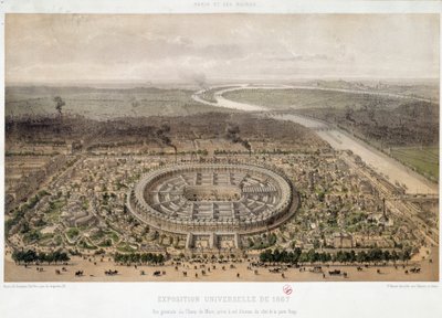 Ogólny widok Wystawy Światowej z 1867 r. z Trocadero w Paryżu: Pola Marsowe i most Iena przecinający Sekwanę. Litografia XIX wieku. Paryż, Muzeum Orsay autorstwa Unknown artist