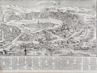 Widok ogólny Wiednia ze szczegółami głównych budynków i zabytków. Grawer Austria z prywatnej kolekcji 1800 autorstwa Unknown artist