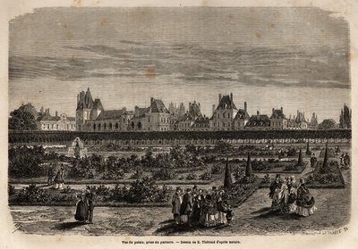 Widok ogólny pałacu i ogrodów Fontainebleau z posadzki. Rycina ilustrująca opis zamku i lasu Fontainebleau, w 1867 r., autorstwa M.Pays, w „Le tour du monde, nouveau journal des voyages”” wydanej pod tytułem dire autorstwa Unknown artist