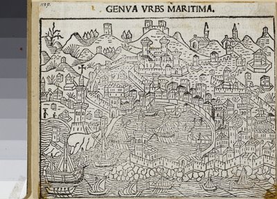 Genua, miasto morskie, z „Supplementum chronicarum”, Jacopo Filippo Foresti, Wenecja 1486 (drzeworyt) autorstwa Unknown artist