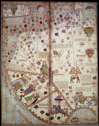 Mapa geograficzna: Chiny, Dolina Gangesu, Sumatra, Cejlan. Atlas kataloński (mapa katalońska) (Hiszpania). Rękopis z 1375 r. (Folio 2v - folio 3) autorstwa Abrahama Cresquesa. BN, Paryż autorstwa Unknown artist