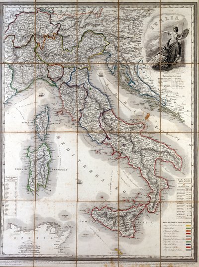 Mapa geograficzna Włoch z 1850 roku z wytyczeniem granic poszczególnych państw, które tworzyły kraj przed Risorgimento. autorstwa Unknown artist