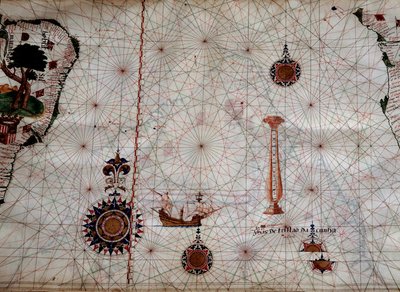 Geografia: szczegół mapy nawigacyjnej Luisa Lazare (XVI wiek) przedstawiającej wyspy archipelagu Tristan da Cunha (lub Tristan d