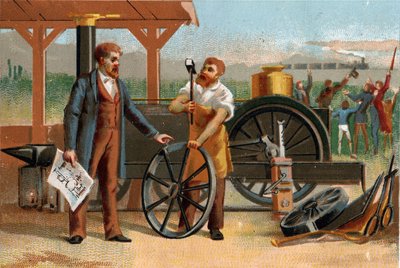 George Stephenson (1781-1848) reprezentował jeden ze swoich wynalazków: lokomotywę. Późna chromolitografia XIX wieku. autorstwa Unknown artist