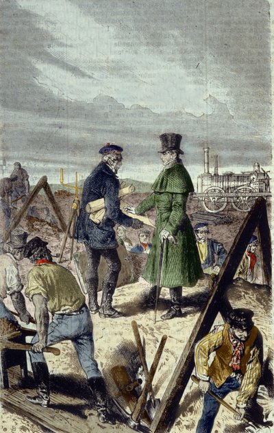 Georges Stephenson (1781-1848), angielski inżynier, budowniczy Liverpool Manchester Road ze swoją pierwszą lokomotywą. autorstwa Unknown artist