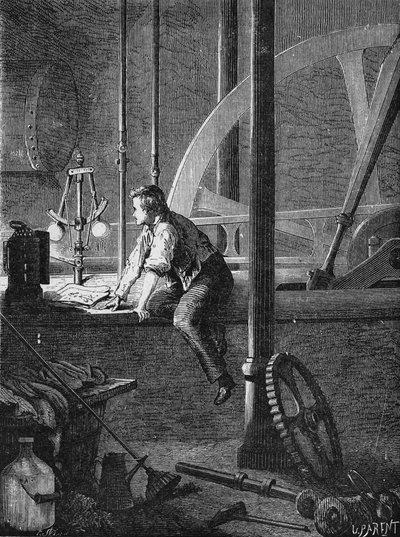 Georges Stephenson, pracownik kierowcy w Newcastle, demontuje i naprawia swój silnik parowy. W „Albumie nauki””, Éditions Jouvet autorstwa Unknown artist