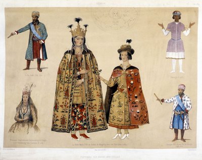 Tablica kostiumów gruzińskich w XVI i XVII wieku: król Irakli (1744 - 1798), Gheorghi X (1687), księżniczka Chartchevadze (ambasador Gruzji w Petersburgu pod rządami Katarzyny II 1780), królowa Maria (córka Dadiana z Mingrelii z nią syn Otthia 1 autorstwa Unknown artist
