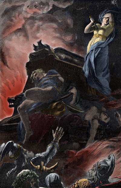 Niemiecka ofiara pogrzebowa - obrzęd pogrzebowy, epoka żelaza, Niemcy: ofiara kobiety na rzeźniku pogrzebowym jej męża autorstwa Unknown artist