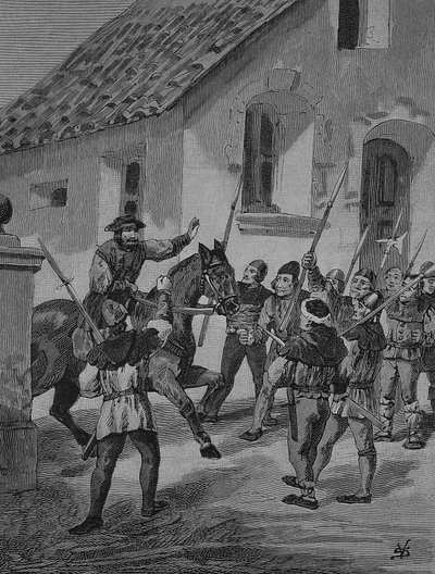 Niemiecka wojna chłopska (1524-1526): Feuerbacher i zbuntowani chłopi, Matern Feuerbacher był przywódcą chłopów w wojnie chłopskiej autorstwa Unknown artist