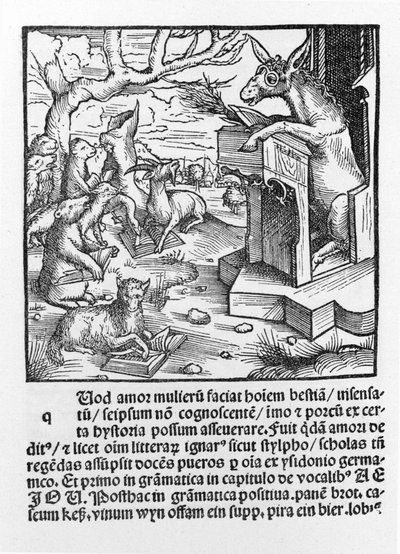 Niemiecki inkunabuł przedstawiający osła uczącego klasę leśnych zwierząt. 1490. autorstwa Unknown artist