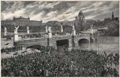 Niemieccy robotnicy, buntujący się w Berlinie, są usuwani przez policję, aby umożliwić przejazd cesarzowi Wilhelmowi autorstwa Unknown artist
