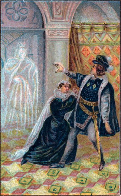 Gertruda, Hamlet i duch ojca Hamleta. W „Hamlecie” Williama Szekspira. Chromolitografia z końca XIX wieku. autorstwa Unknown artist