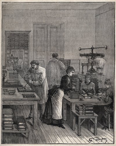 Złocenie książek (okładek) w żelazie w warsztacie we Francji w XIX wieku. Grawer z 1885 roku w „Les arts et metiers illustres” Adolphe BITARD. autorstwa Unknown artist