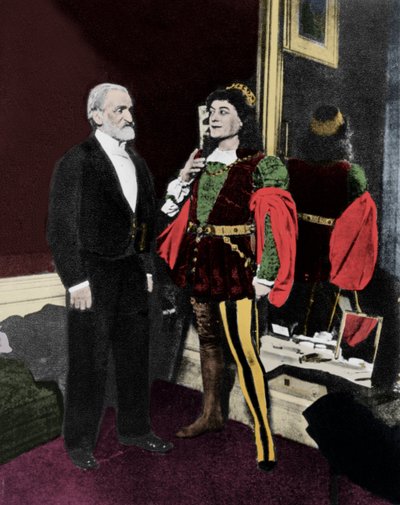 Giuseppe Verdi i Victor Maurel (w Iago) w lutym 1887 roku w mediolańskiej Scali po premierze Otella. autorstwa Unknown artist
