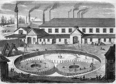 Fabryka kabli elektrycznych Glass Eiliot w Greenwich. Nawijanie kabla w basenach przed transportem na statku „”Lewiatan””. Grawerowanie z 1865 roku. autorstwa Unknown artist