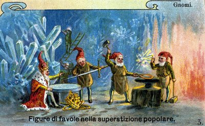 Krasnale, postacie z bajek w tradycji ludowej. Chromolitografia autorstwa Unknown artist