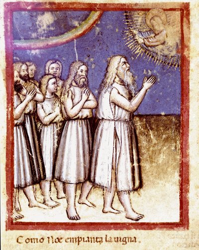 Bóg pobłogosławił Noego i jego rodzinę ocalałych z Miniatury Potopu z kodeksu 212 (lub kodeksu padovano lub Biblii z Padwy) 1390-1400 Rovigo, Accademia dei Concordi autorstwa Unknown artist