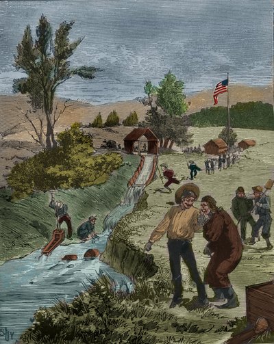 Gorączka złota: Poszukiwacze złota w Kalifornii myją żwir w strumieniu za pomocą sita, założenie kapitana Suttera. Grawer z 1885 roku w „Les arts et metiers illustres” Adolphe BITARD. autorstwa Unknown artist