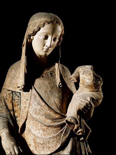 Sztuka gotycka: „„Dziewica i dziecko”” Szczegół. Rzeźba w drewnie. XIV-wieczny Paryż, Luwr autorstwa Unknown artist