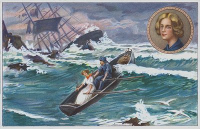 Grace Darling wypływa z ojcem na ratunek rozbitkom z rozbitego statku "Forfarshire" w 1838 roku. (chromolitho) autorstwa Unknown artist