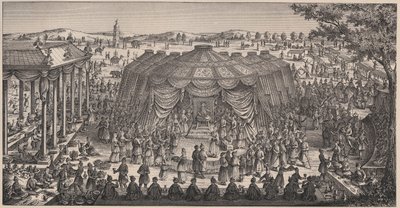 Wielki Bankiet wydany przez Tamerlana (1336-1405) (lub Timura Langa, „Timur chromy”) na równinie Khani Gheul z okazji ślubu jego wnuków - Grawerowanie XIX wiek autorstwa Unknown artist