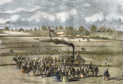 Wielka Brytania: Rolnictwo, orka. Pług parowy Boydella koło Louth w 1854 r. (orka parowa z silnikiem Boydella koło Louth). autorstwa Unknown artist