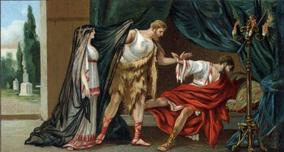 Wielkie tragedie greckie: „Alceste” Eurypidesa. Apollo uzyskał od Parques, że Admete, drogi mu król Feres, nie umrze, jeśli w dniu jego trepas ktoś zgodzi się umrzeć za niego. Żona Admete, Alceste, wstała, by go uratować autorstwa Unknown artist