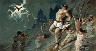 Wielkie tragedie greckie: „”Promethee enchaine””” autorstwa Ajschylosa. Na pustyni Scytii Prometeusz jest przykuty do skały z rozkazu Jowisza za stworzenie ludzi i przyniesienie im Niebiańskiego Ognia. Tam orzeł gryzł jego wątrobę, ciągle się odradzając. P autorstwa Unknown artist