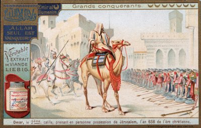 Wielcy zdobywcy: Omar ibn al Khattab lub Omar I (554-644), 2. kalif islamu, osobiście przejmując Jerozolimę (Izrael), 638 - chromolitografia Liebiga autorstwa Unknown artist