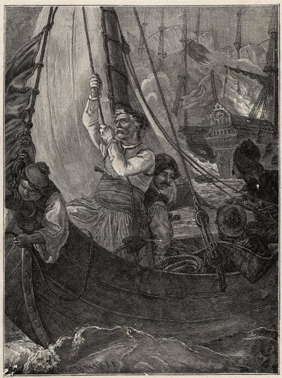 Grecka wojna o niepodległość 1821 - 1829: Konstantyn (Konstantyn) Kanaris (Konstantinos Canaris) spala okręt flagowy floty tureckiej przed Chios autorstwa Unknown artist