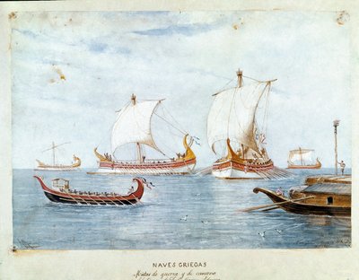 Greckie okręty wojenne i handel (akwarela autorstwa Unknown artist