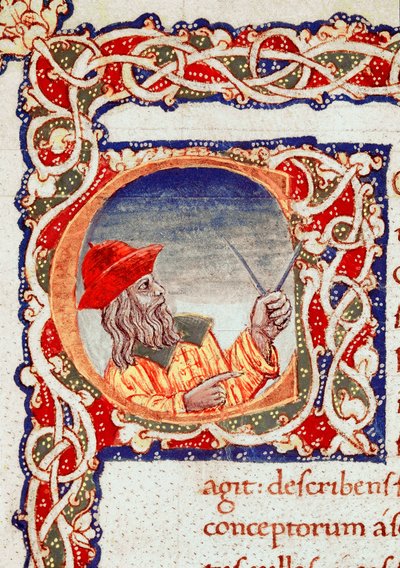 Grecki astronom Claude Ptolemee (Claudius Ptolemaeus) (około 90-około 168 AD) używający komppasa do obliczeń Miniatura zaczerpnięta z „” Cosmographia”” (Pani V.F. 32 f.2r) Neapol, Biblioteka Narodowa autorstwa Unknown artist