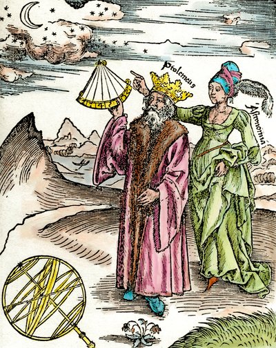 Grecki astronom Claude Ptolemee (Claudius Ptolemaeus) (około 90-około 168 AD) używając sekstantu i astronomii. Grawer z 1503. Kolekcja prywatna autorstwa Unknown artist