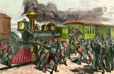 Greve na linii kolejowej łączącej Baltimore w stanie Ohio Pracownicy ścigają kierowców i inżynierów z pociągu jadącego do Baltimore. 1877 XIX-wieczna rycina Kolekcja prywatna autorstwa Unknown artist