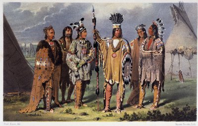 Grupa sześciu Indian Chiefs - w „Wędrówka artysty wśród Indian Ameryki Północnej” Paula Kane, Longmans & Roberts, Londyn autorstwa Unknown artist