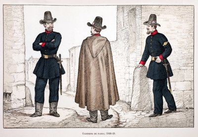 Strażnicy Pokoju (1848-1849). Akwaforta w kolorach, dla ilustracji „Historia korpusu sił pokojowych””” książka wydana pod patronatem Louisa Lepine’a (1846-1933) prefekta policji nad Sekwaną, autorstwa Alfreda Reya (1864-?) i Louisa Ferona autorstwa Unknown artist