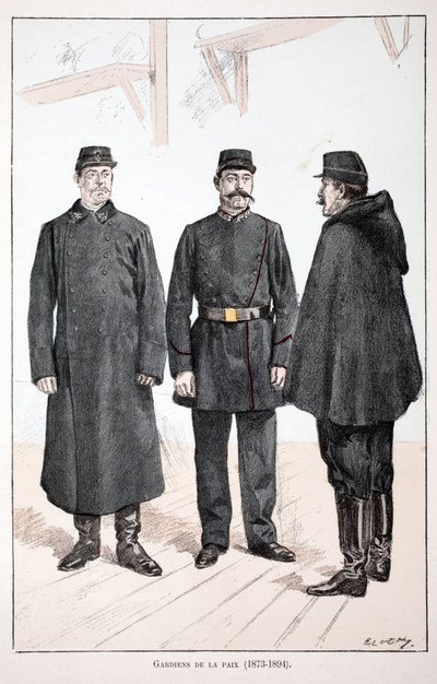 Strażnicy Pokoju (1873-1894). Akwaforta w kolorach, dla ilustracji „Historia korpusu sił pokojowych””” książka wydana pod patronatem Louisa Lepine’a (1846-1933) prefekta policji nad Sekwaną, autorstwa Alfreda Reya (1864-?) i Louisa Ferona autorstwa Unknown artist