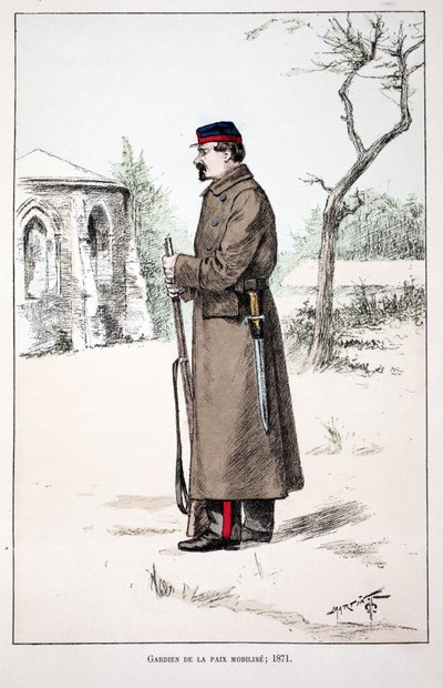 Mobilizują się Strażnicy Pokoju (1871). Akwaforta w kolorach, dla ilustracji „Historia korpusu sił pokojowych””” książka wydana pod auspicjami Louisa Lepine’a (1846-1933) prefekta policji nad Sekwaną, autorstwa Alfreda Reya (1864-?) i Louisa F. autorstwa Unknown artist