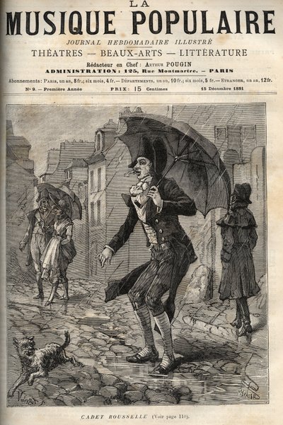 Guillaume Joseph Rousselle (Roussel), znany jako Cadet Rousselle (1743-1807), francuski komornik, w deszczu przy rue de Paris. grawerunek w tygodniku ilustrowanym „Muzyka popularna” - 1881 autorstwa Unknown artist