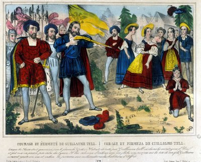 Guillaume Tell (William Tell) (legendarny bohater niepodległości Szwajcarii). Barbarzyńca Gesler zmusza Guillaume Tella do usunięcia strzałą z jabłka umieszczonego na głowie jego dziecka. Grawerowanie z XIX wieku autorstwa Unknown artist